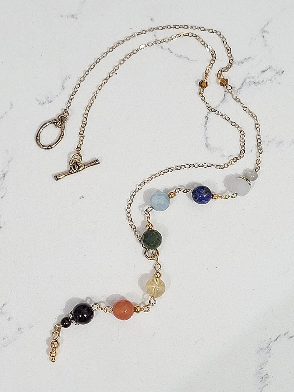 Hand Crafted Gold Lariat Chakra Necklace with Multi-Colored Gemstone Beads
